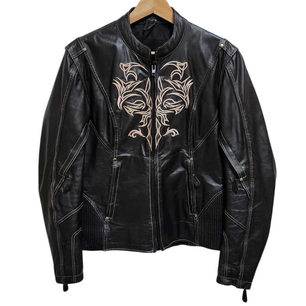 Milwaukee Black Leather Embroidered Moto Jacket Womens M Beige Biker Conceal Zip